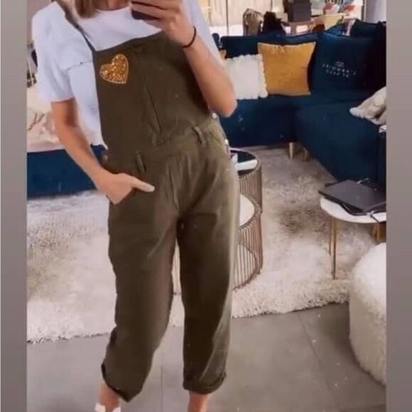 LILI SIDONIO x MOLLY BRACKEN Olive Green Denim Overalls-OSFM NEW! - Picture 1 of 8